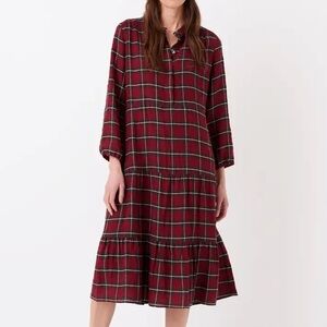 Brora Charcoal & Ruby plaid tiered shirt dress Sz 6 cottagecore lagenlook trendy